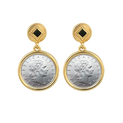 Italian 50 Lire Coin Goldtone Art Deco Earrings With Black Stone