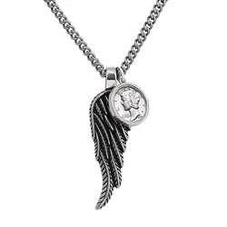 Stainless Steel Wing Mercury Dime Pendant With Curb Chain