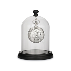 Glassed Dome with Pine Wood Base 1800's Morgan Silver Dollar Coin Pocket Watch Tabletop Décor