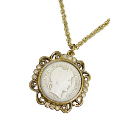Silver Barber Dime Goldtone Pendant with Crystals 24" Chain