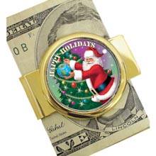 Goldtone Moneyclip with Colorized JFK Half Dollar Santa Coin