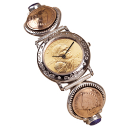 Sterling Silver Sacagawea Coin Cuff Watch with 2 Indian Cents and Lapis Stones Coin Jewelry