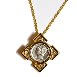 Mercury Dime Goldtone Art Deco Pendant