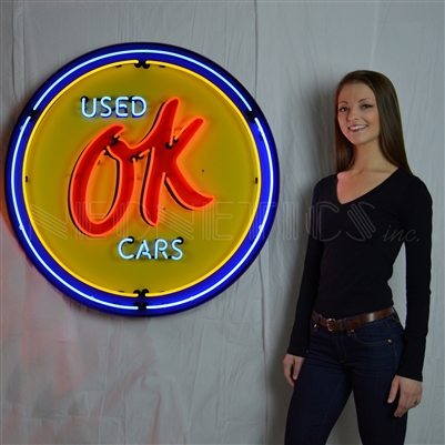 OK USED CARS NEON SIGN IN 36â€³ STEEL CAN