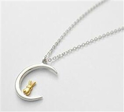 .925 Sterling Silver Moon and Gold Bunny Necklace