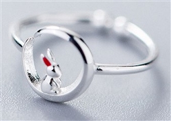 .925 Sterling Silver Moon Bunny Adjustable Ring