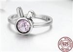 .925 Sterling Silver Rabbit Ring with Sparking Pink CZ Stone