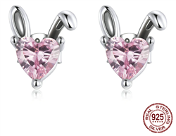 .925 Sterling Silver Pink Heart Bunny Stud Earrings