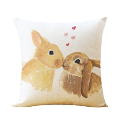 Linen Kissing Bunnies Throw Pillow