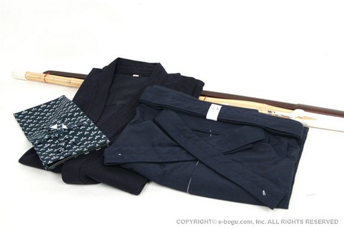 Navy Blue Keikogi/Tetron Hakama Set with Shinai, Bokuto, and Shinai Bag