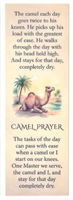Camel Prayer laminated recovery bookmark with camel image and recovery poem about prayer, humility, and staying dry