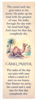 Camel Prayer laminated recovery bookmark with camel image and recovery poem about prayer, humility, and staying dry