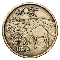 One Day At A Time bronze camel recovery coin featuring the Camel Prayer and desert camel design