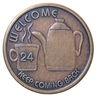 Welcome Coffee Pot  AA Bronze Medallion Featuring an Antique Finish