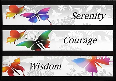 The Serenity Prayer Greeting Card featuring multicolored butterflies and the words Serenity, Courage, Wisdom