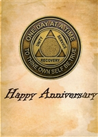 The Happy Anniversary Recovery Greeting Card features a picture of a blank Recovery Emporium Brand AA Anniversary Medallion