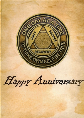 The Happy Anniversary Recovery Greeting Card features a picture of a blank Recovery Emporium Brand AA Anniversary Medallion