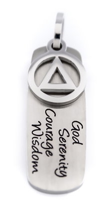 Two-Piece Stainless Steel Engraved Bar and AA Logo Charm Pendant featuring the words â€‹God, Serenity, Courage, Wisdom