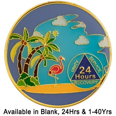 Beach Scene with Pink Flamingo - Painted AA Anniversary Medallion with AA Logo | $14.00 ea