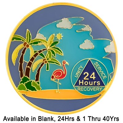 Beach Scene with Pink Flamingo - Painted AA Anniversary Medallion with AA Logo | $15.00ea