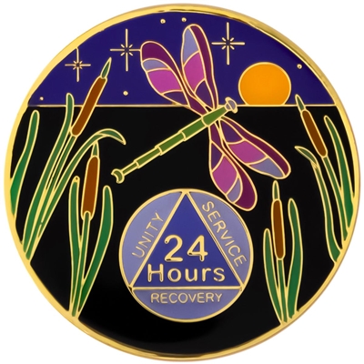 Dragonfly painted AA sobriety coin with cattails and recovery triangle