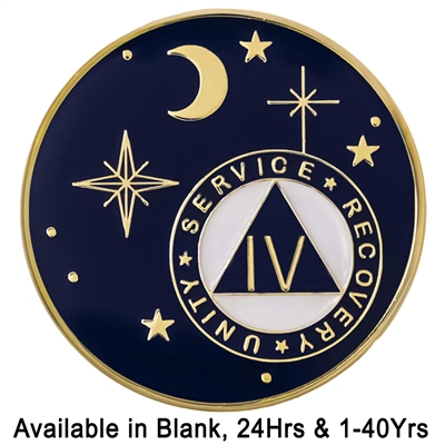 Midnight Blue and Gold Plated Moon and Stars - Painted AA Anniversary Medallion with AA Logo | $14.00 ea