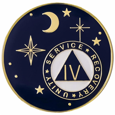 Moon and Stars AA anniversary medallion with midnight-blue background, crescent moon, stars, and gold-plated recovery symbol