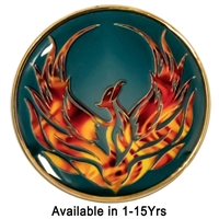 Phoenix Anniversary Medallion - Full-Color Flames on Teal | Recovery Emporium Design | $14.00