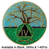 Willing to Grow Along Spiritual Lines - Painted AA Anniversary Medallion with AA Logo | $14.00 ea
Light Blue Sky, Green Sparkle Grass and a Tree on Gold Plated