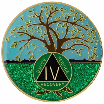 Tree of Life AA anniversary medallion with dimensional gold tree, turquoise sky, green sparkle details, and recovery symbol