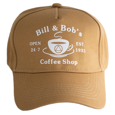 AA Bill and Bob's Coffee Shop Toffee-colored Hat with White Text and Logo