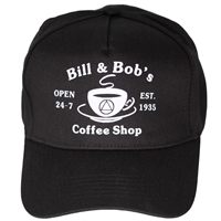 AA Bill and Bob's Coffee Shop Black Hat with White Text and Logo