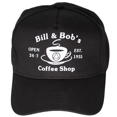 AA Bill and Bob's Coffee Shop Black Hat with White Text and Logo