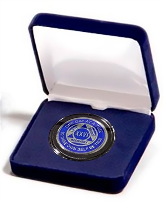 Blue Velvet Medallion Holder Box with an airtight Clear Acrylic Capsule