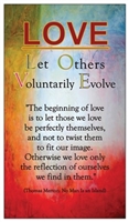 LOVE - "Let Others Voluntarily Evolve" Acronym Magnet on an abstract background