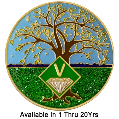 Tree of Life - Painted Recovery Anniversary Medallion with Diamond Logo | $14.00 ea
Light Blue Sky, Green Sparkle Grass and a Tree on Gold Plated