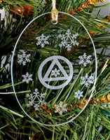 Laser Engraved Glass Oval Holiday Ornament with the AA-Logo snowflakes