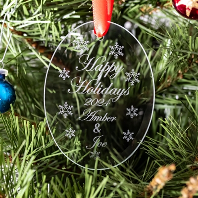 The 2023 - Happy Holidays - Personalized Recovery Ornament featuring 9 unique snowflakes with a circle-triangle style (Alcoholics Anonymous) AA logo at the center of each flake and (Your Name)