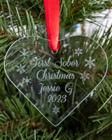 The 2023 -My First Sober Christmas- Recovery Ornament featuring snowflakes and a personalized message that includes your name, the date, and My First Sober Christmas.