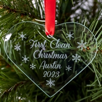 The 2023 - First Clean Christmas- Recovery Ornament featuring snowflakes and a personalized message that includes your name, the date, and First Clean Christmas.