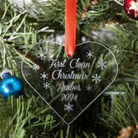 The 2024 - First Clean Christmas- Recovery Ornament featuring snowflakes and a personalized message that includes your name, the date, and First Clean Christmas.