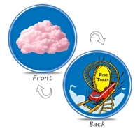 A Blue Plastic Chip with a Pink Cloud on one sides and a graphic of a Roller Coaster on the reverse.
