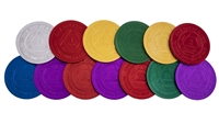 Recovery Emporium Brand - Aluminum AA Anniversary Medallion Set - featured are all 13 options including the 24-hour, 1 through 11 months, and 18 months.