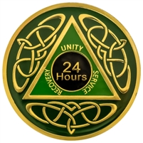 Painted AA Medallion with AA Logo and Celtic Knot Design on a Forest Green Background