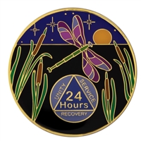 Gold Plated Painted Medallion Featuring a Painted Dragonfly and scenery with a painted AA Logo on the front and We will comprehend the word serenity and we will know peace on the back.