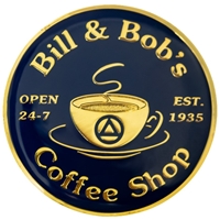 Blue and gold Bill and Bobâ€™s Coffee Shop painted recovery coin