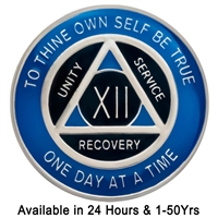 AA Sobriety Chip | Blue & Black on Silver Tri-Plate Anniversary Medallion | Recovery Emporium Design | $14.00
