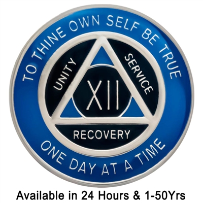 AA Sobriety Chip | Blue & Black on Silver Tri-Plate Anniversary Medallion | Recovery Emporium Design | $14.00