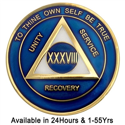 A Translucent Blue & Pearl on Gold Tri-Plate Medallion | $14.00 | Features: the circle-triangle AA logo with the Roman numeral in the center.