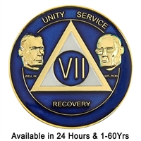 AA Founders - Translucent Blue & Pearl on Gold Tri-Plate Anniversary Medallion | $14.00 | Features: Alcoholics Anonymous founders Bill W and Dr Bob